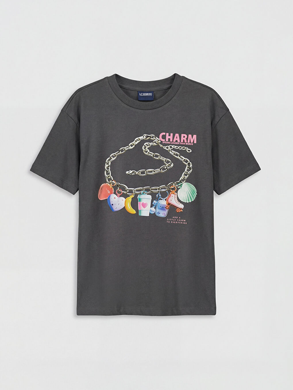 Antrasit Bisiklet Yaka Baskılı Kız Çocuk Tişört