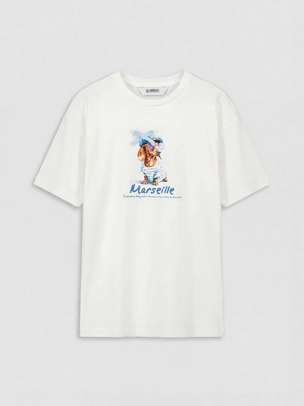 Ekru Bisiklet Yaka Baskılı Kız Çocuk Tişört