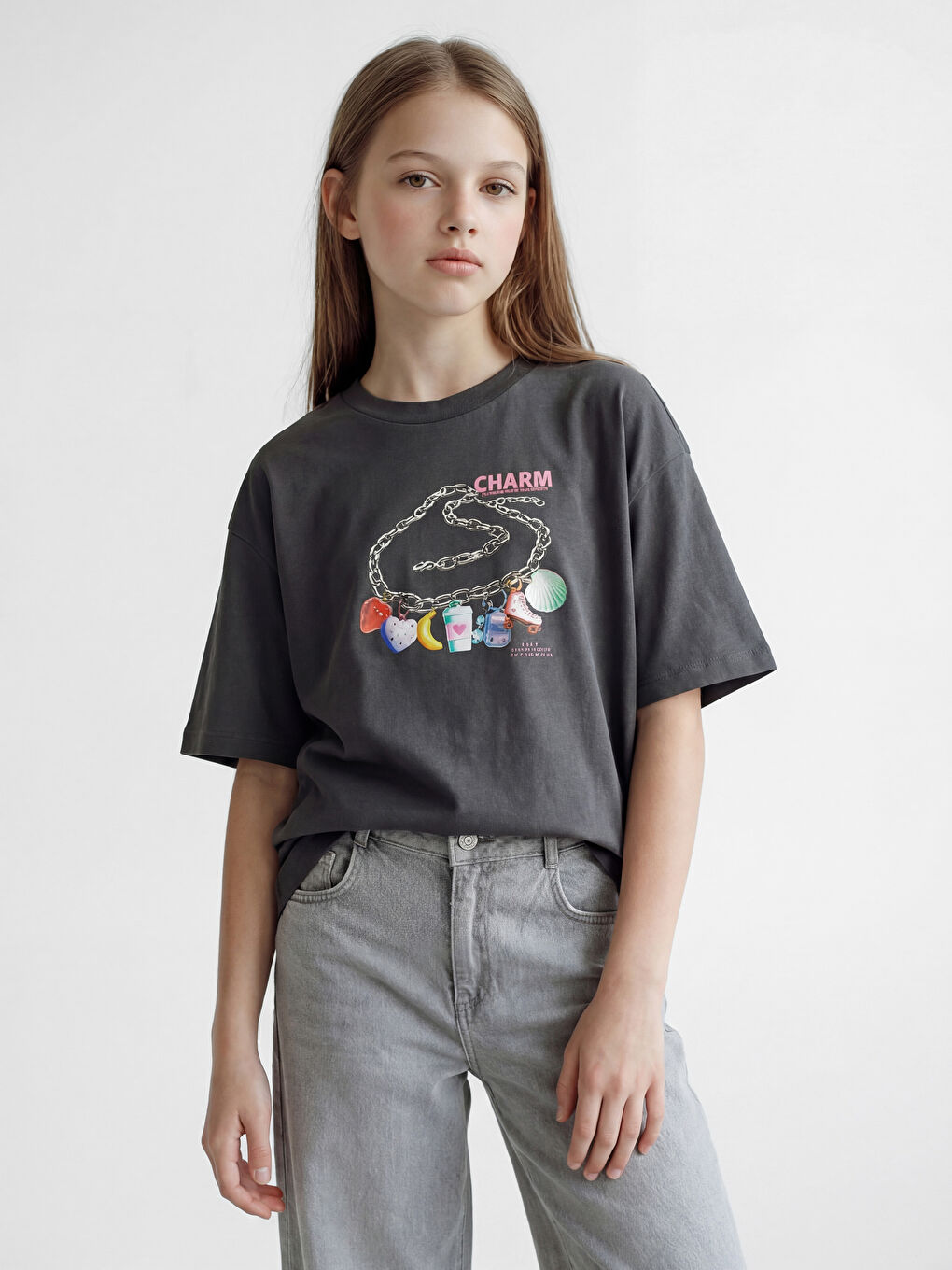 Antrasit Bisiklet Yaka Baskılı Kız Çocuk Tişört-1