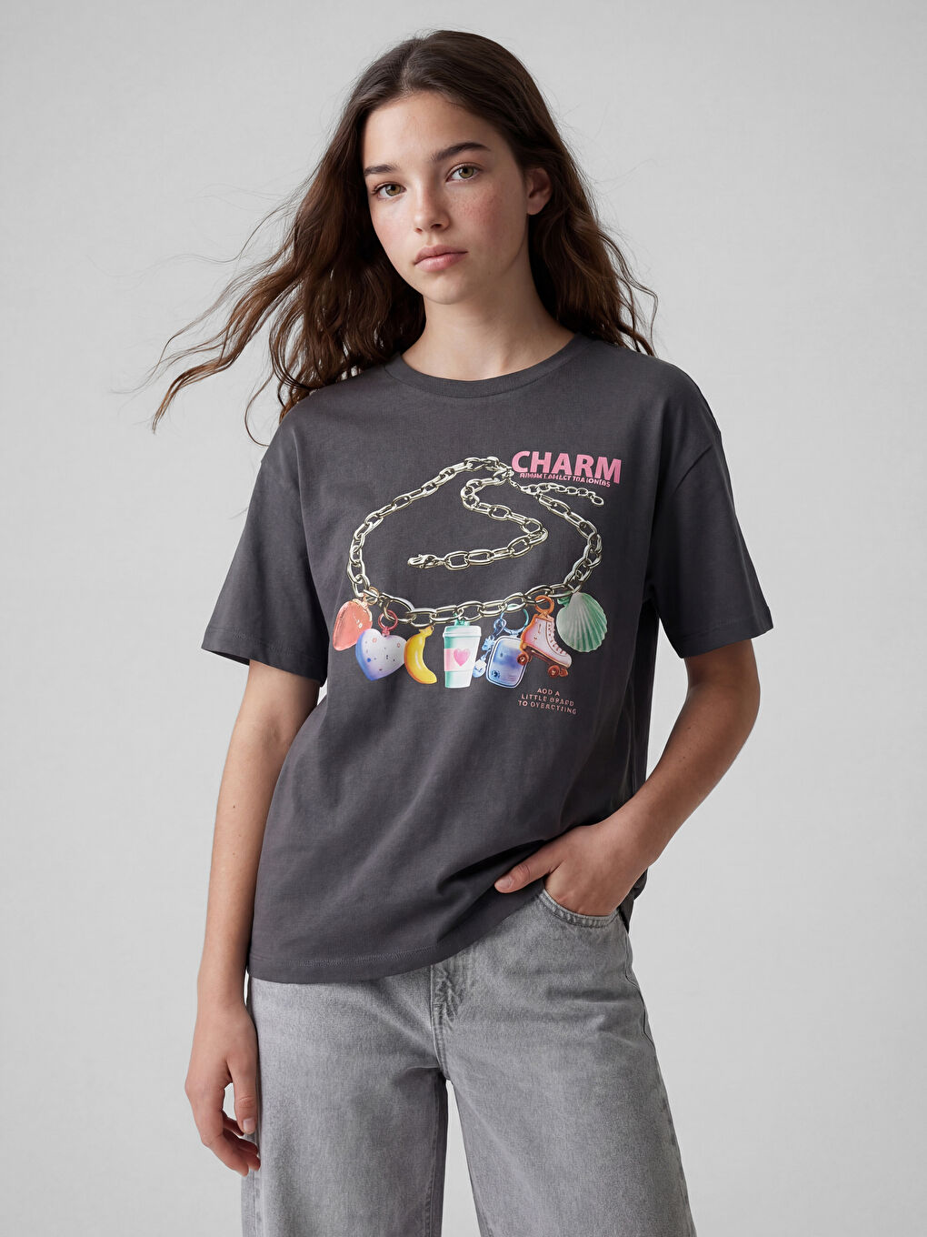 Antrasit Bisiklet Yaka Baskılı Kız Çocuk Tişört