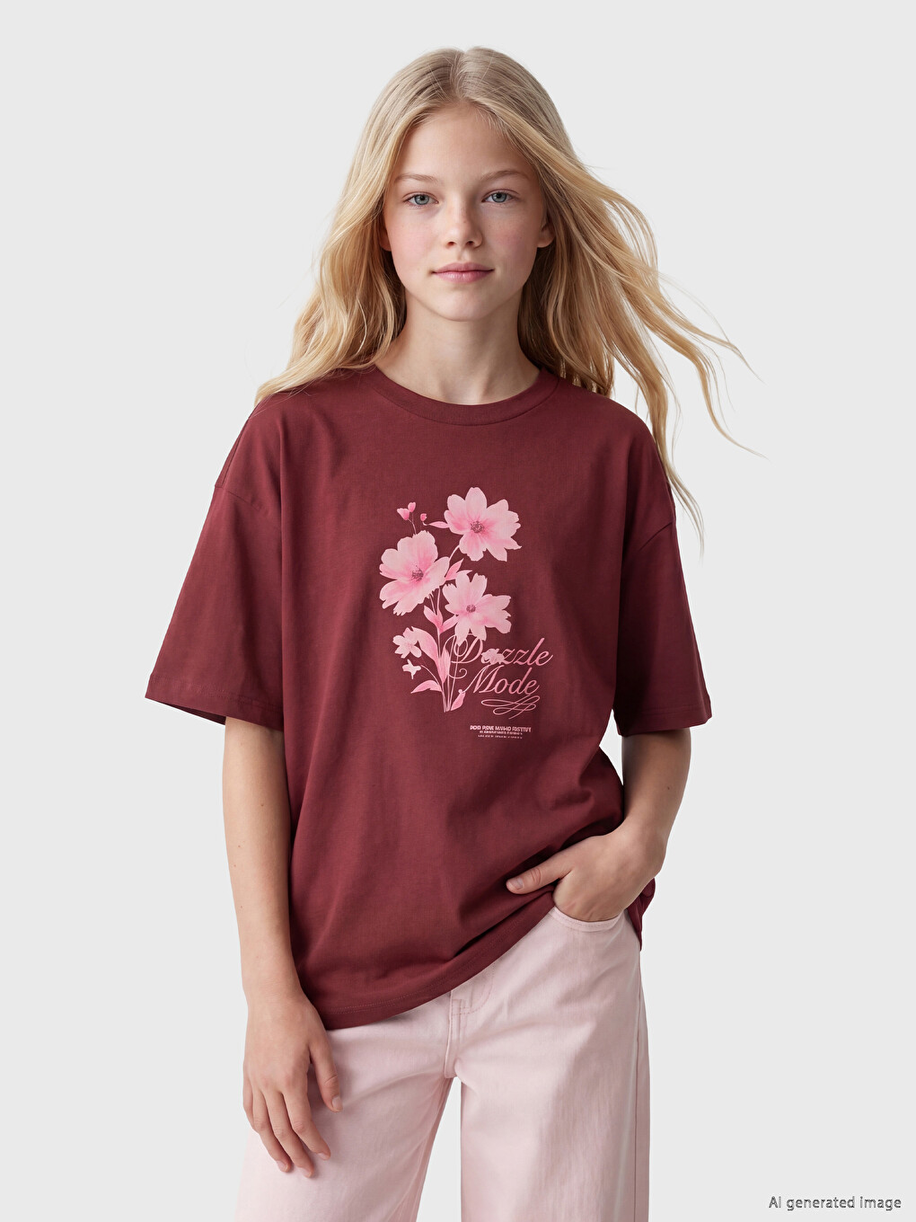 T-shirt e stampuar me jakë të rrumbullakët për vajza