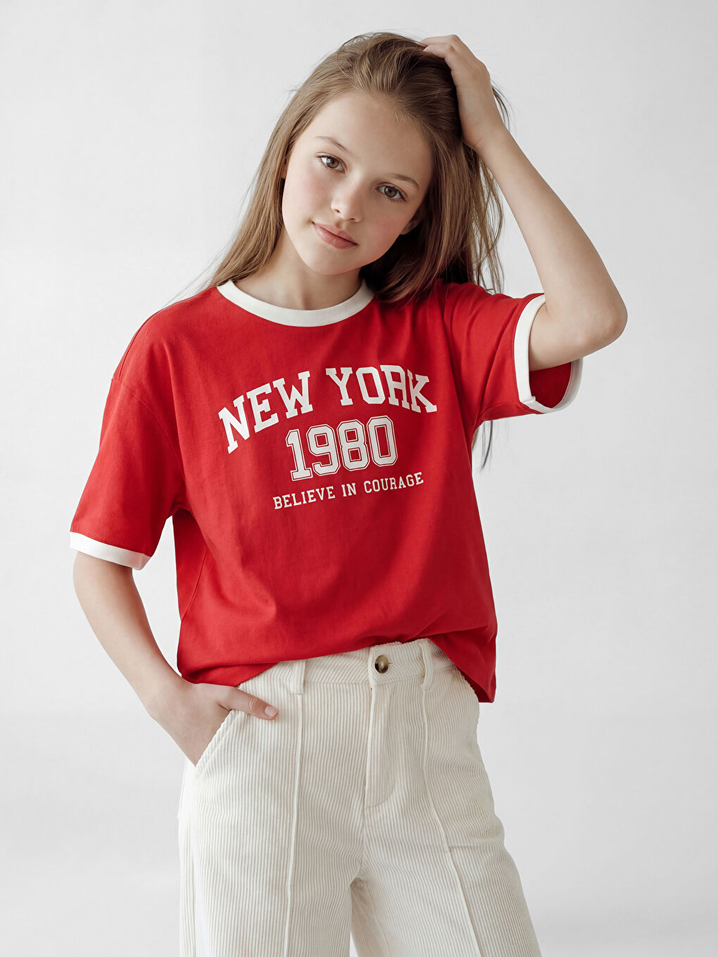 Kırmızı Bisiklet Yaka New York Baskılı Kız Çocuk Tişört-1