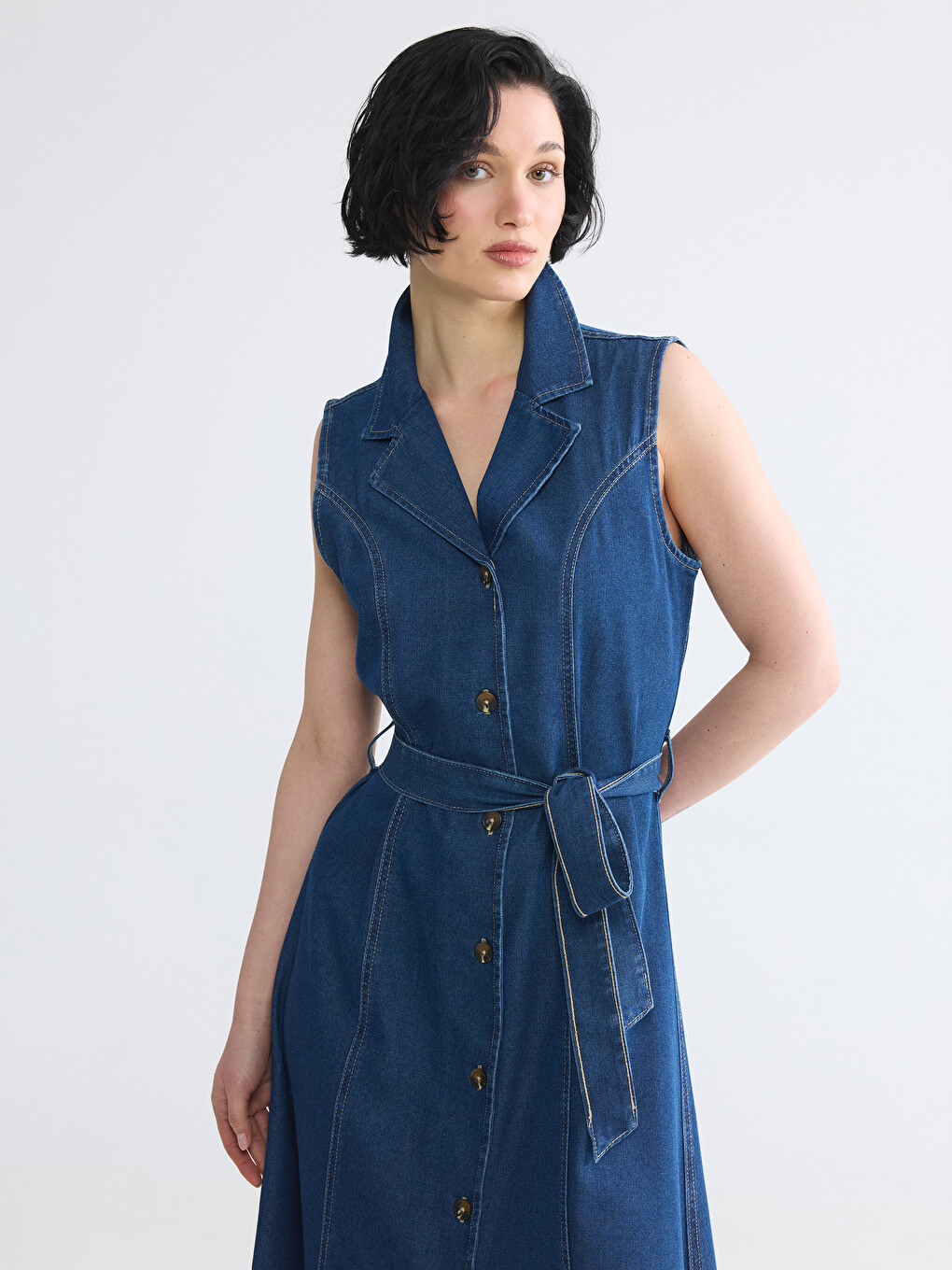 Rochie din Denim în Linie A cu Curea-1