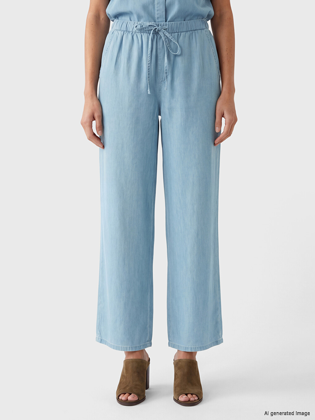 Bej Beli Lastikli Wideleg Kadın Jean Pantolon-1
