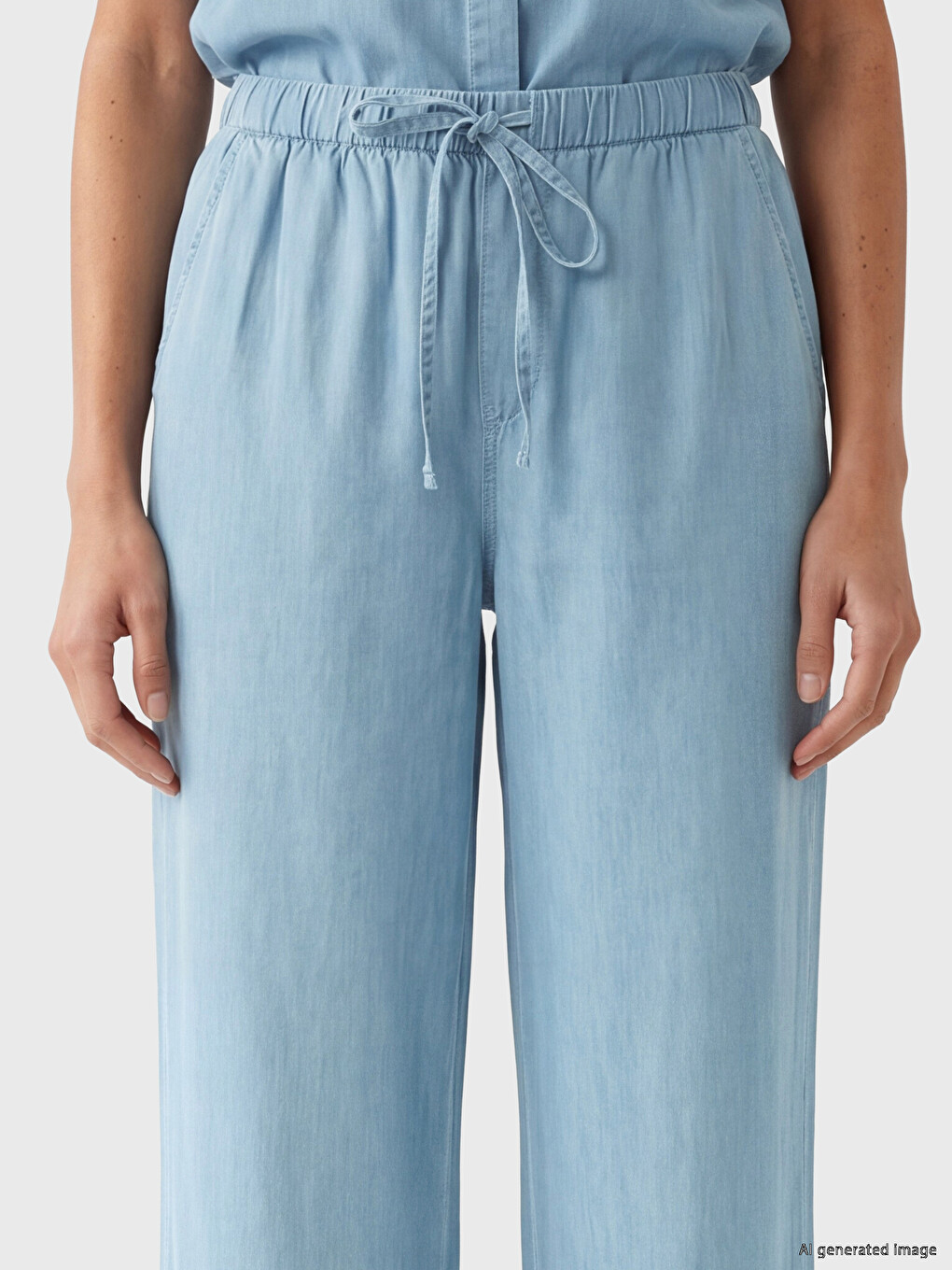Bej Beli Lastikli Wideleg Kadın Jean Pantolon-2