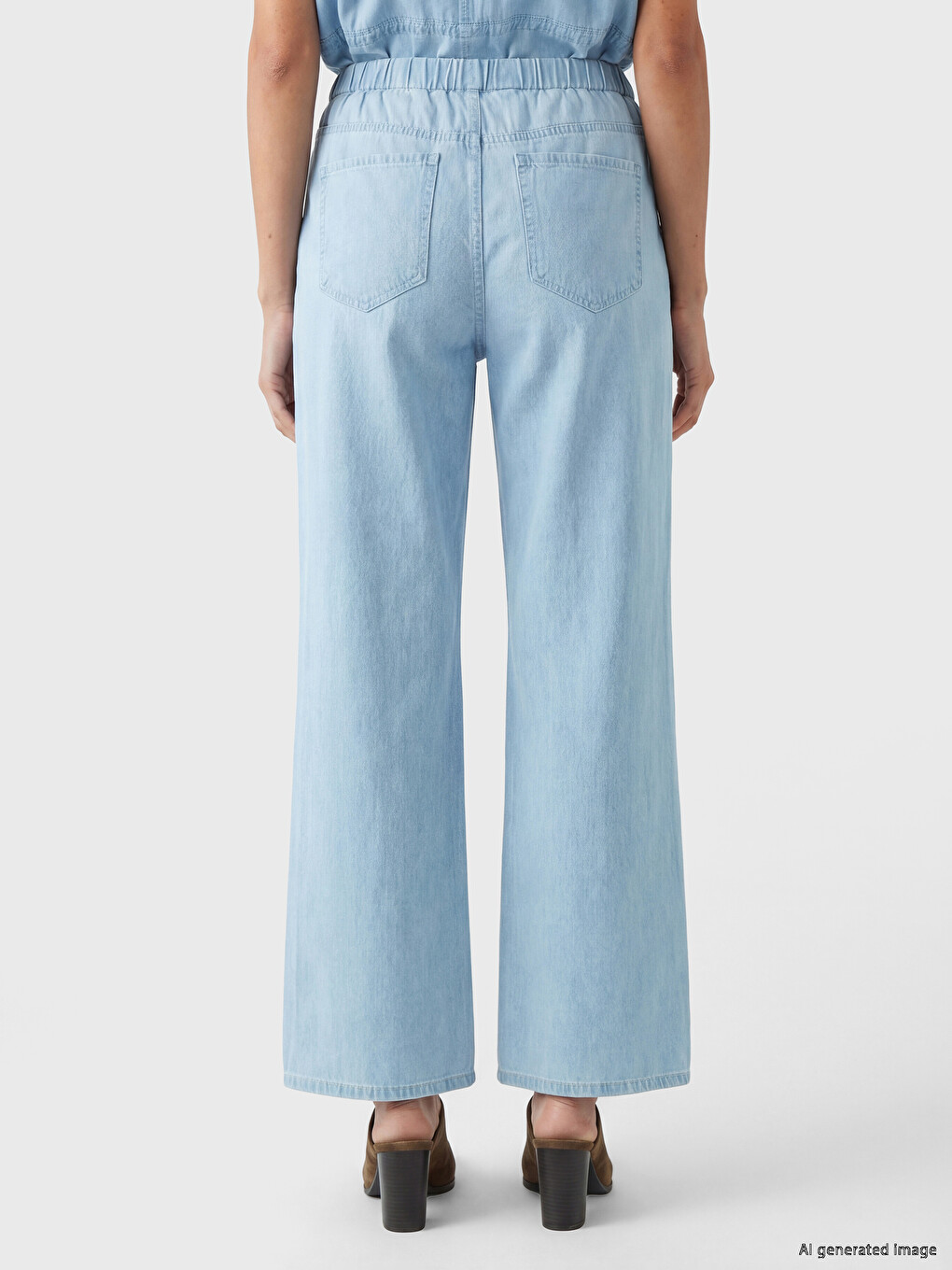 Bej Beli Lastikli Wideleg Kadın Jean Pantolon-3