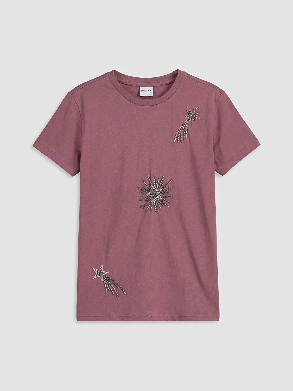 Pembe Bisiklet Yaka Boncuklu Kız Çocuk Tişört