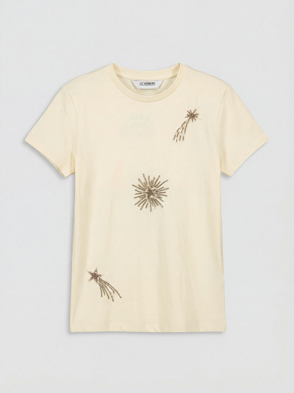 Sarı Bisiklet Yaka Boncuklu Kız Çocuk Tişört