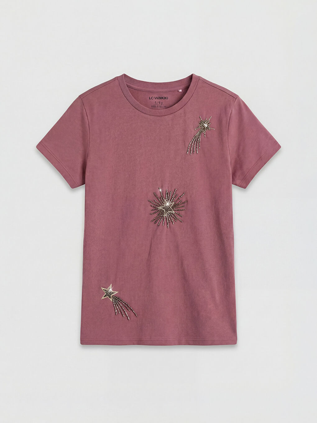 Pembe Bisiklet Yaka Boncuklu Kız Çocuk Tişört-2