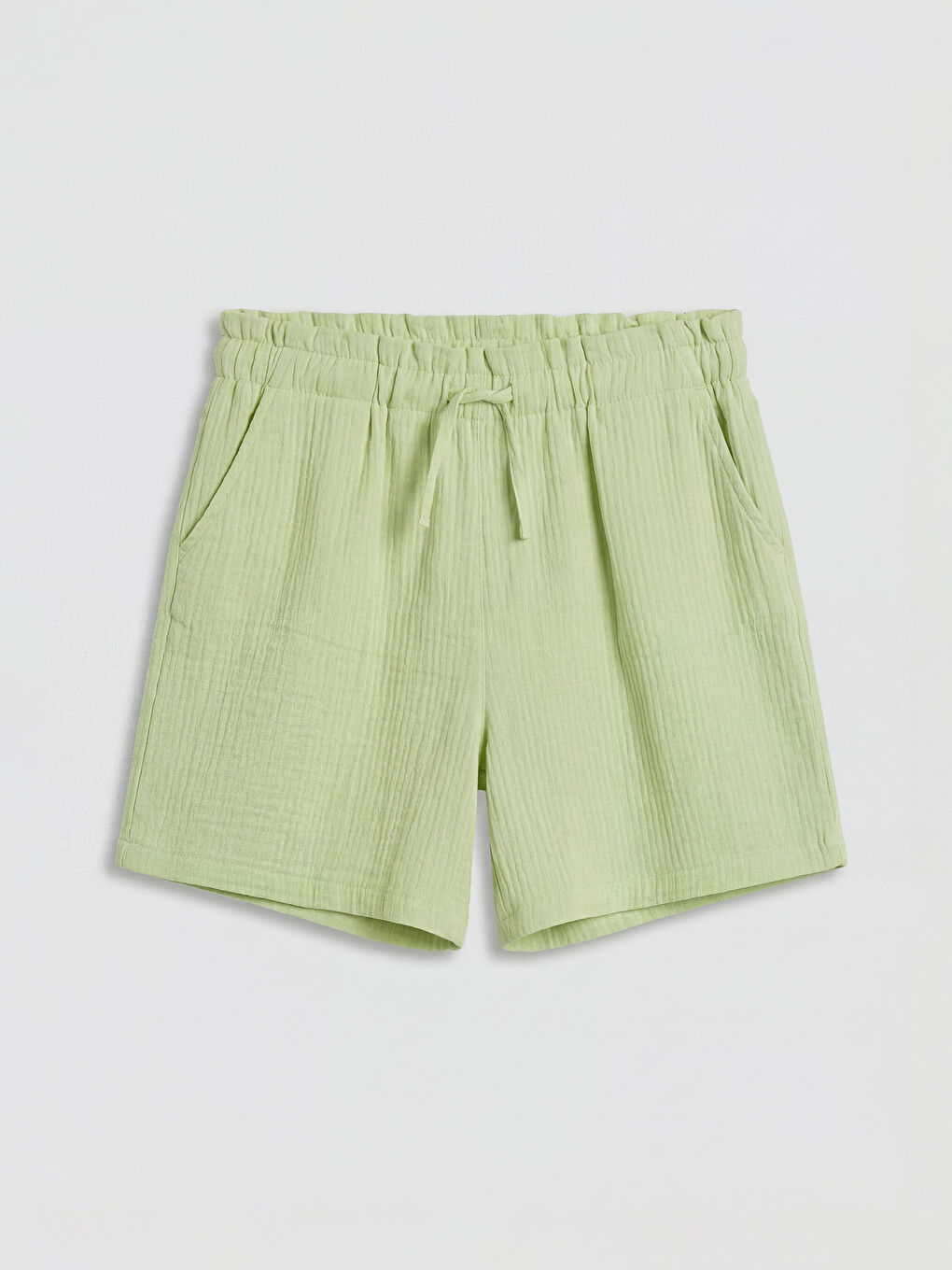 Yeşil Beli Lastikli Müslin Kız Çocuk Şort