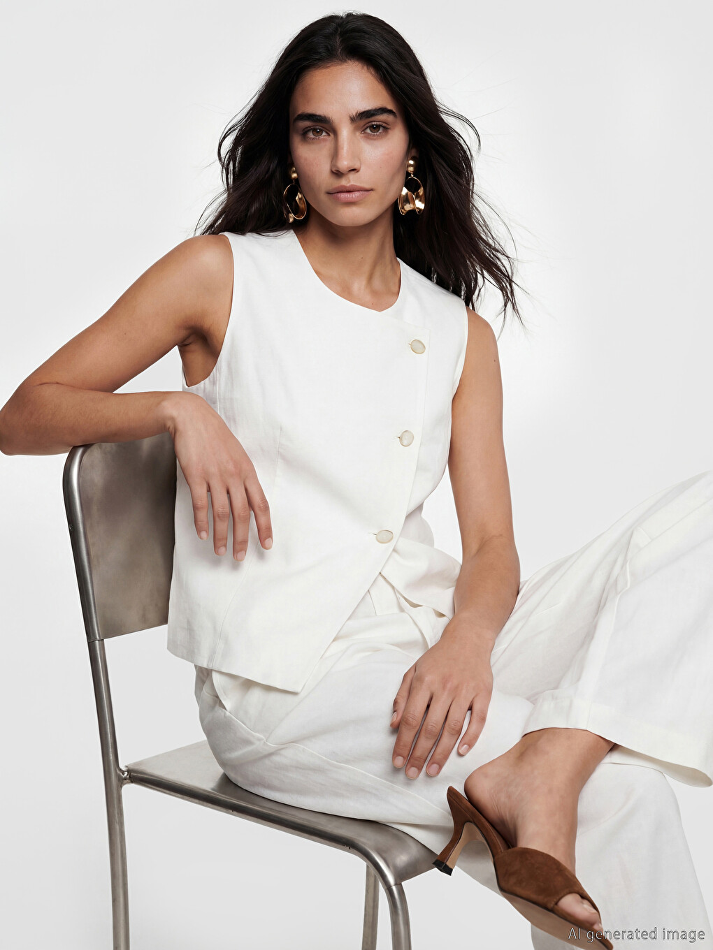 Crew Neck Linen Blend Women's Classic Waistcoat
