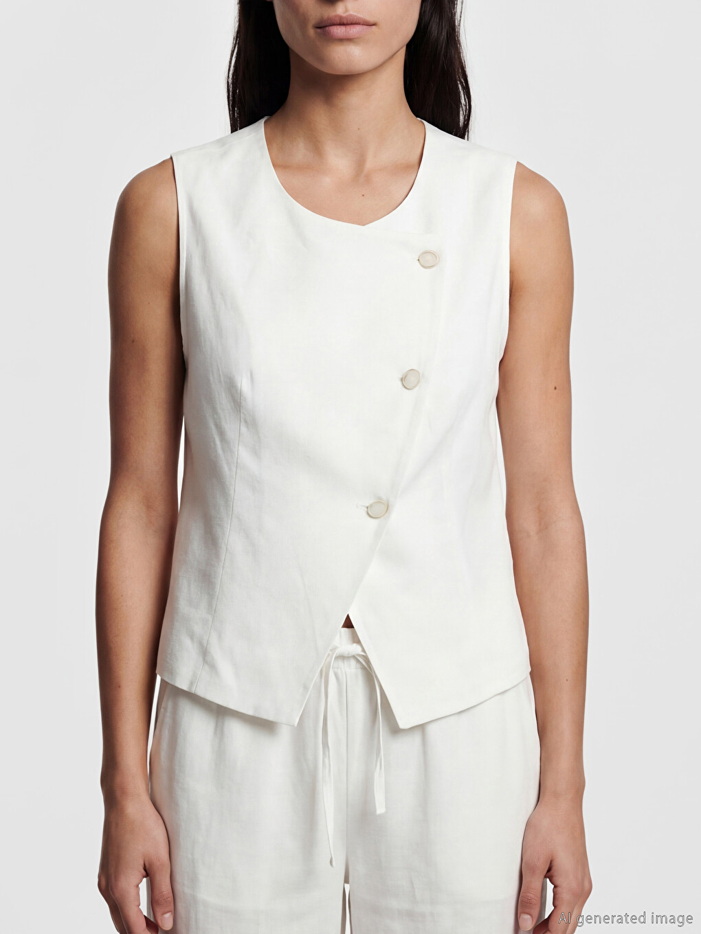 Crew Neck Linen Blend Women's Classic Waistcoat-3