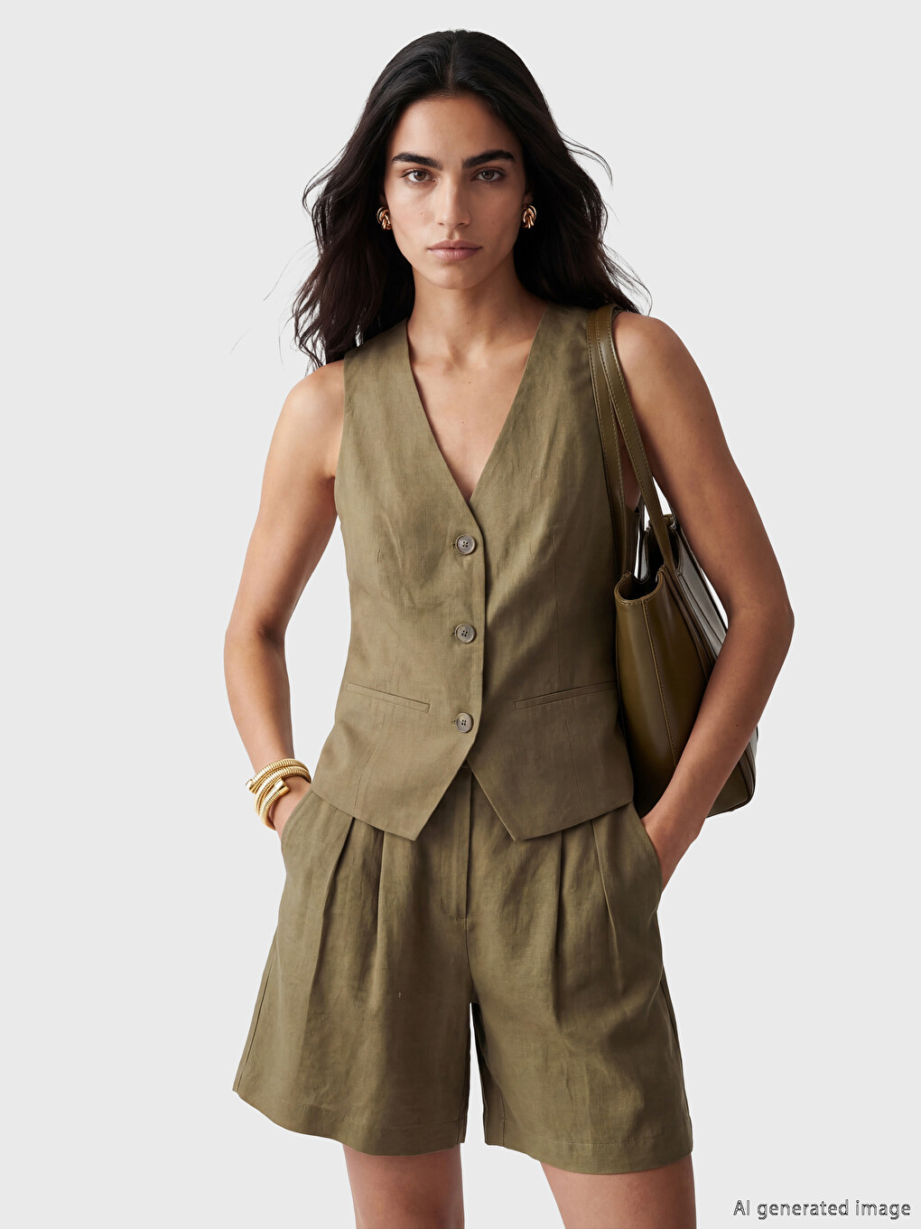 V Neck Linen Blend Women's Classic Waistcoat
