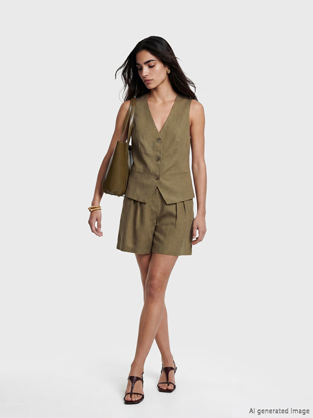 V Neck Linen Blend Women's Classic Waistcoat-1