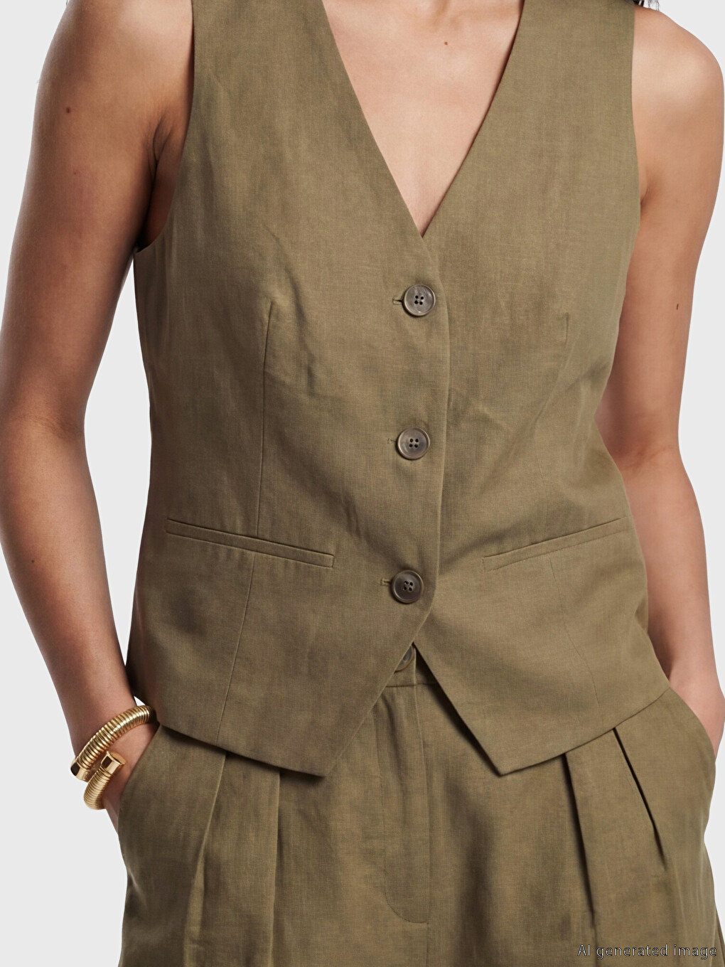 V Neck Linen Blend Women's Classic Waistcoat-2