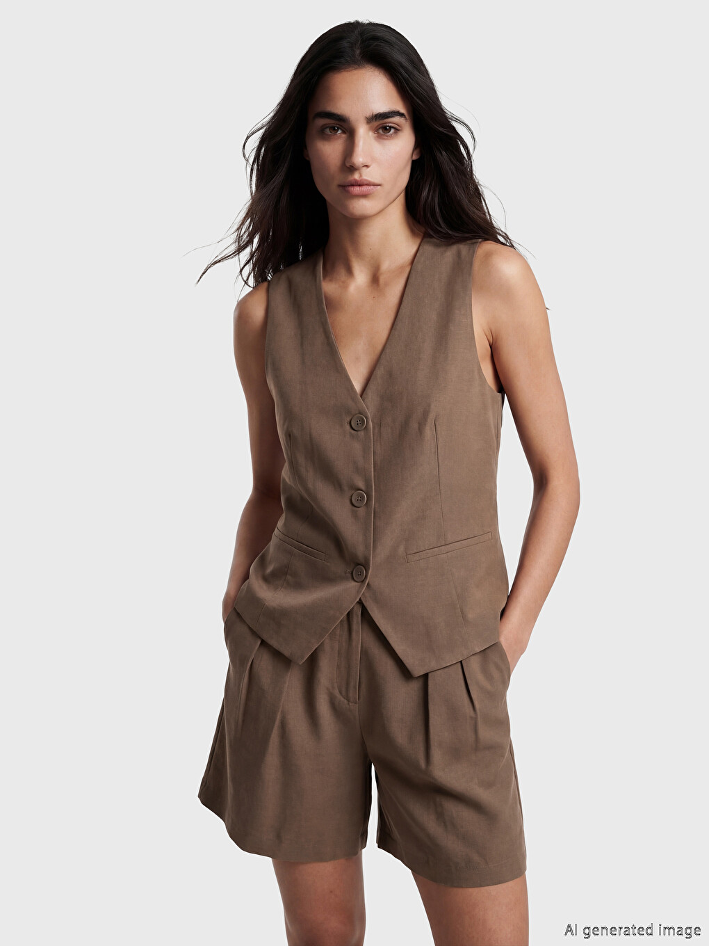 V Neck Linen Blend Women's Classic Waistcoat