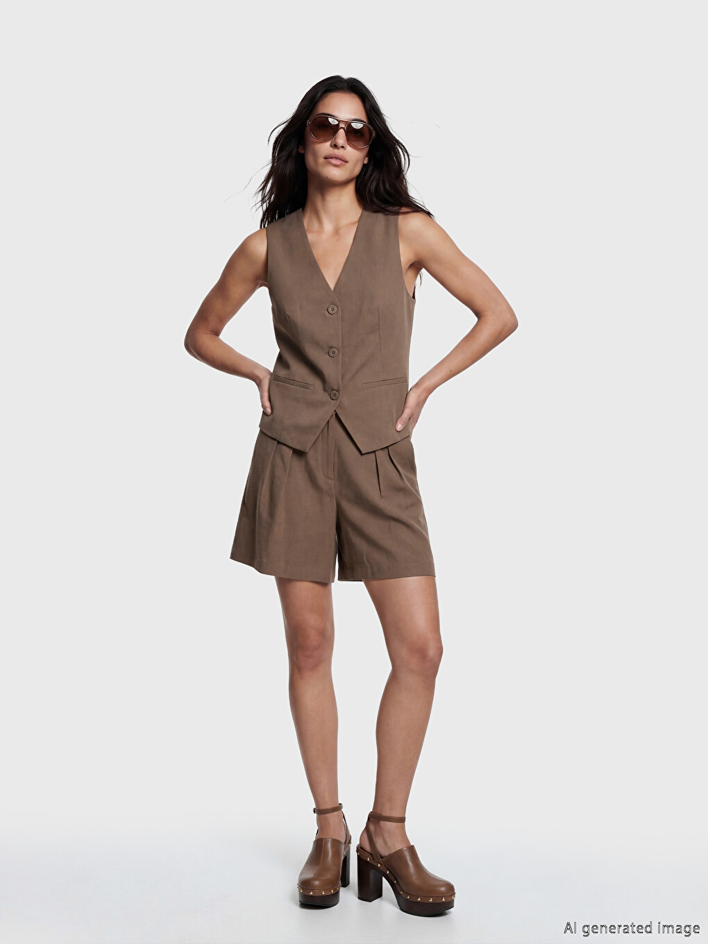 V Neck Linen Blend Women's Classic Waistcoat-1