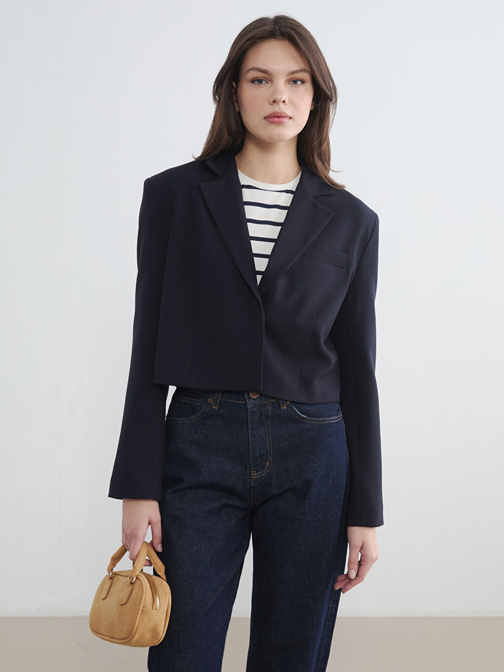 Lacivert Kadın Crop Blazer Ceket