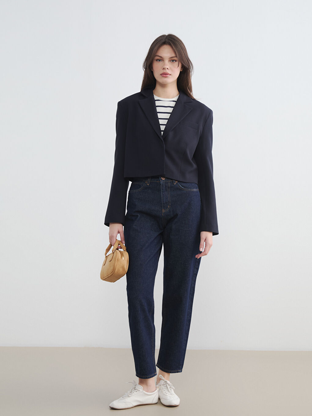 Lacivert Kadın Crop Blazer Ceket-1