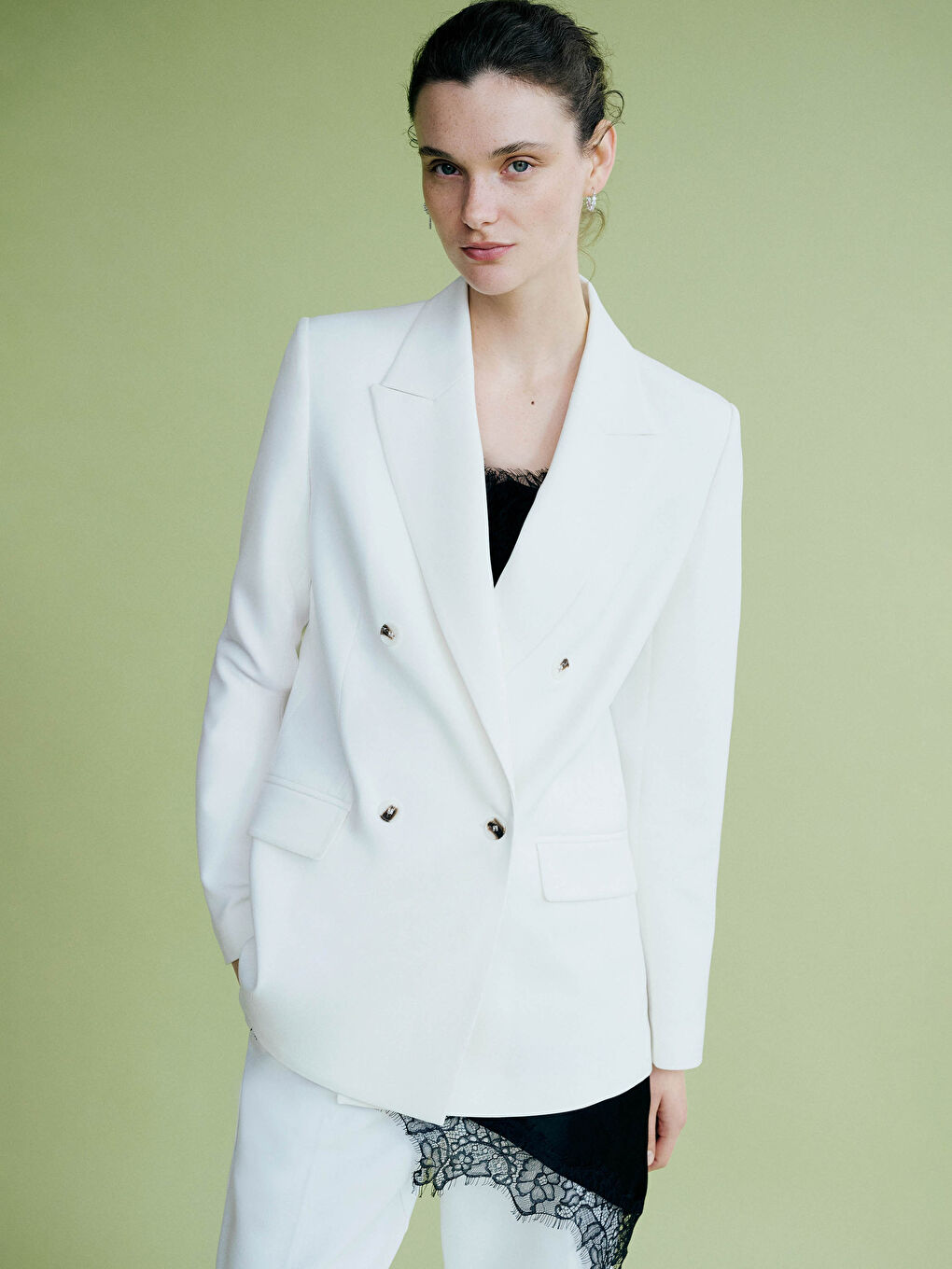 Ekru Kruvaze Yaka Krep Kadın Blazer Ceket-1