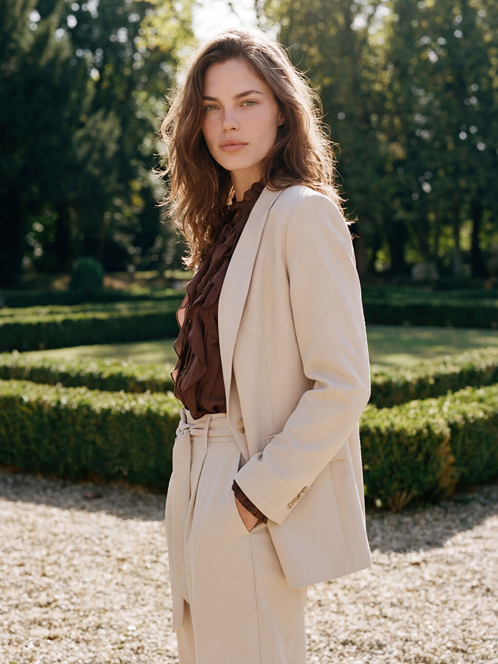 Bej Şal Yaka Krep Kadın Blazer Ceket