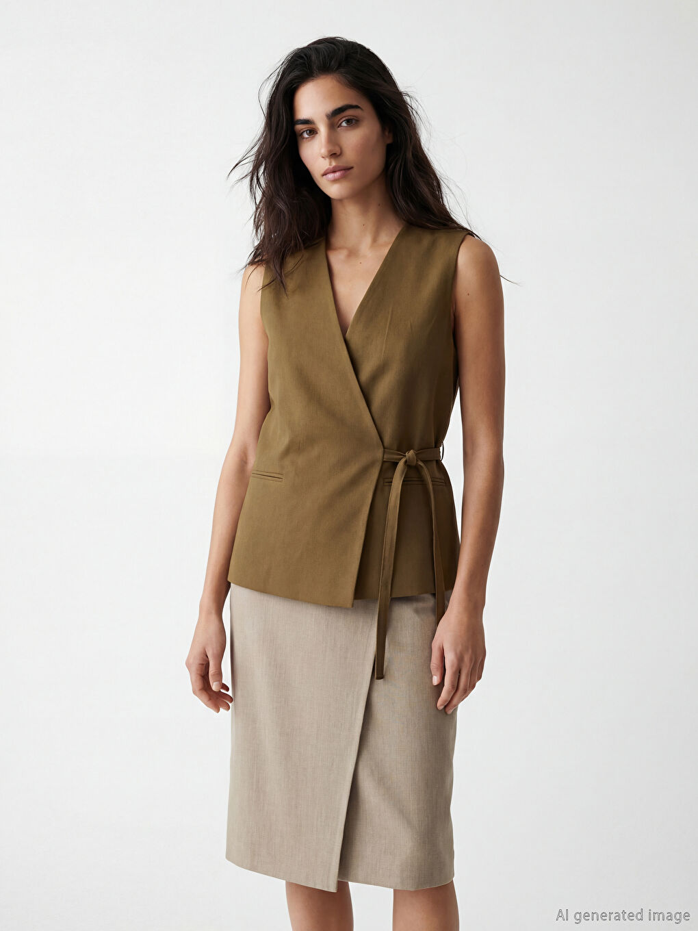 Haki Kruvaze Yaka Kadın Klasik Yelek