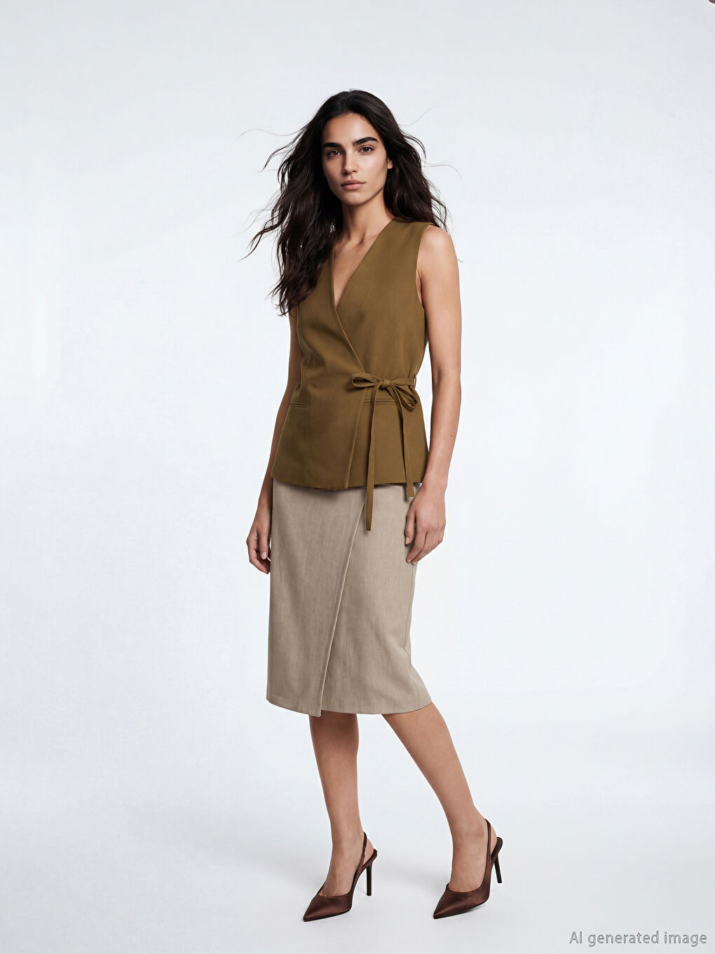 Haki Kruvaze Yaka Kadın Klasik Yelek-1