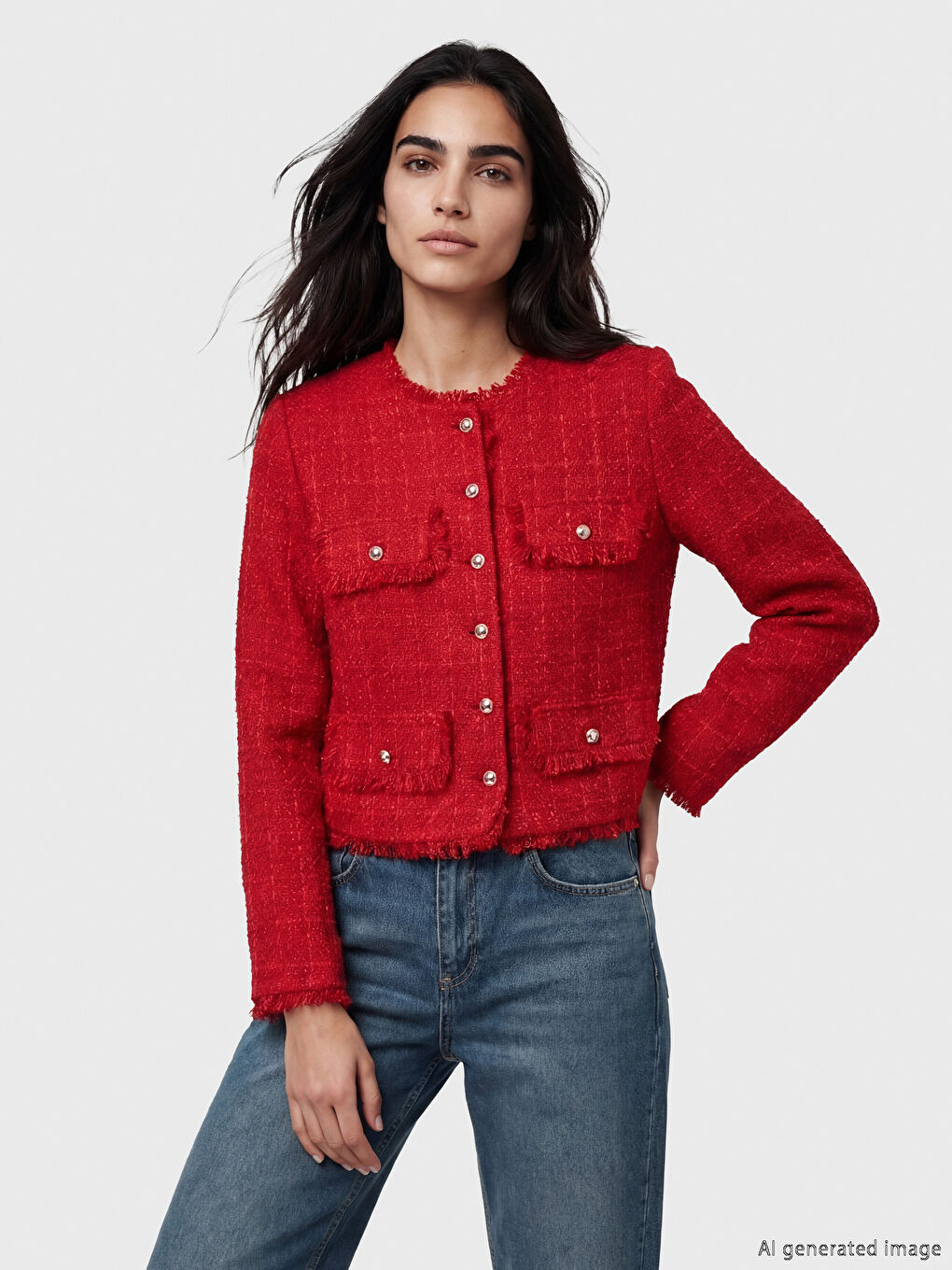 Kırmızı Bisiklet Yaka Püskül Detaylı Kadın Tüvit Ceket