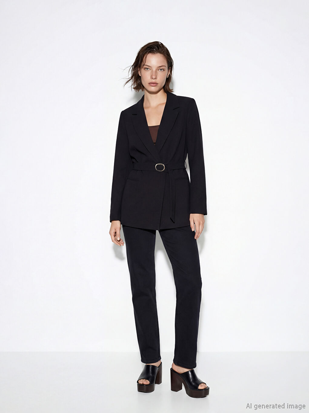 Siyah Kemerli Krep Kadın Blazer Ceket-1