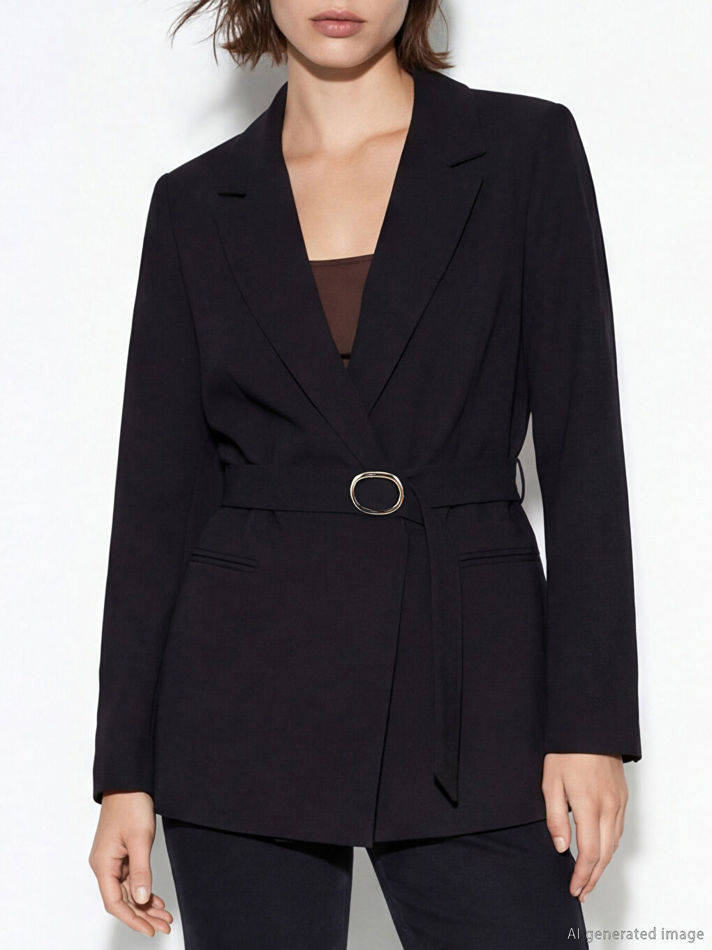 Siyah Kemerli Krep Kadın Blazer Ceket-2