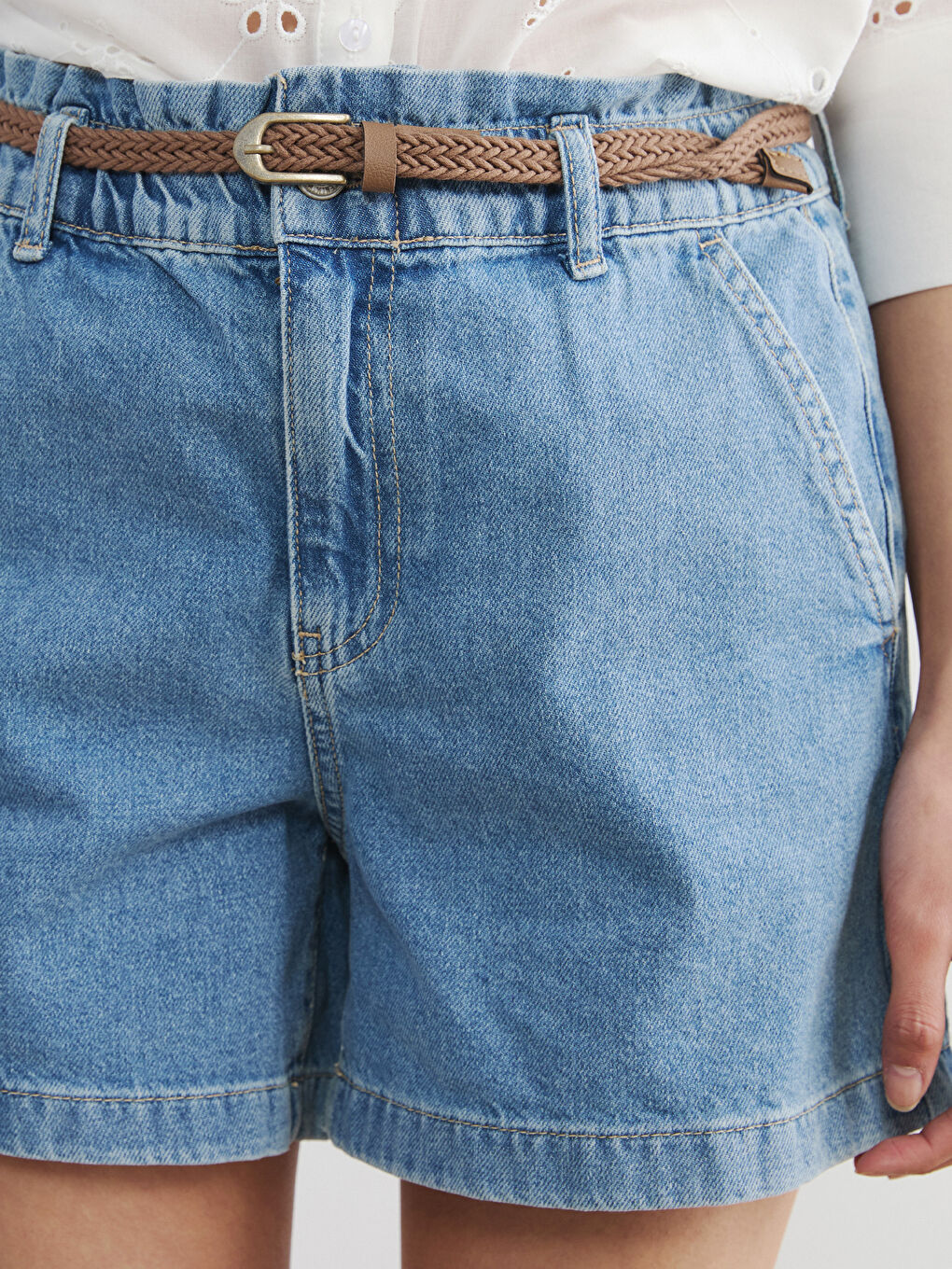 İndigo Bel Kemerli Kadın Jean Şort-2