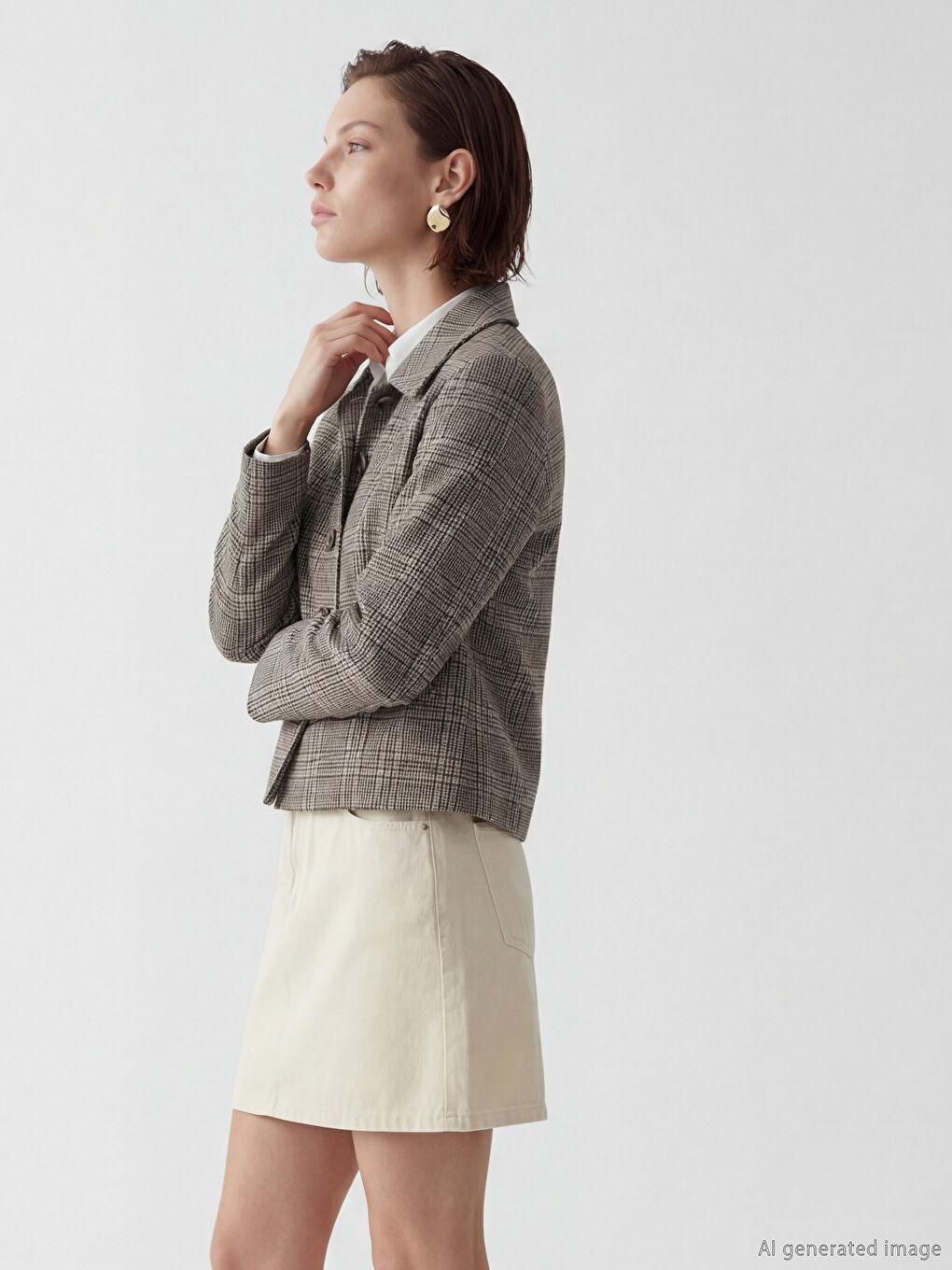 Kahverengi Gömlek Yaka Ekose Kadın Ceket-2