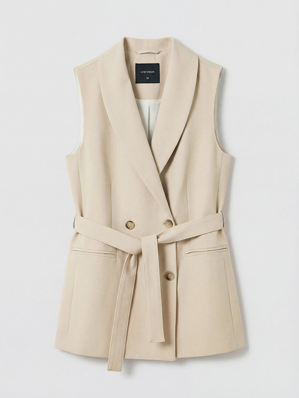 Bej Kruvaze Yaka Beli Kuşaklı Kadın Klasik Yelek