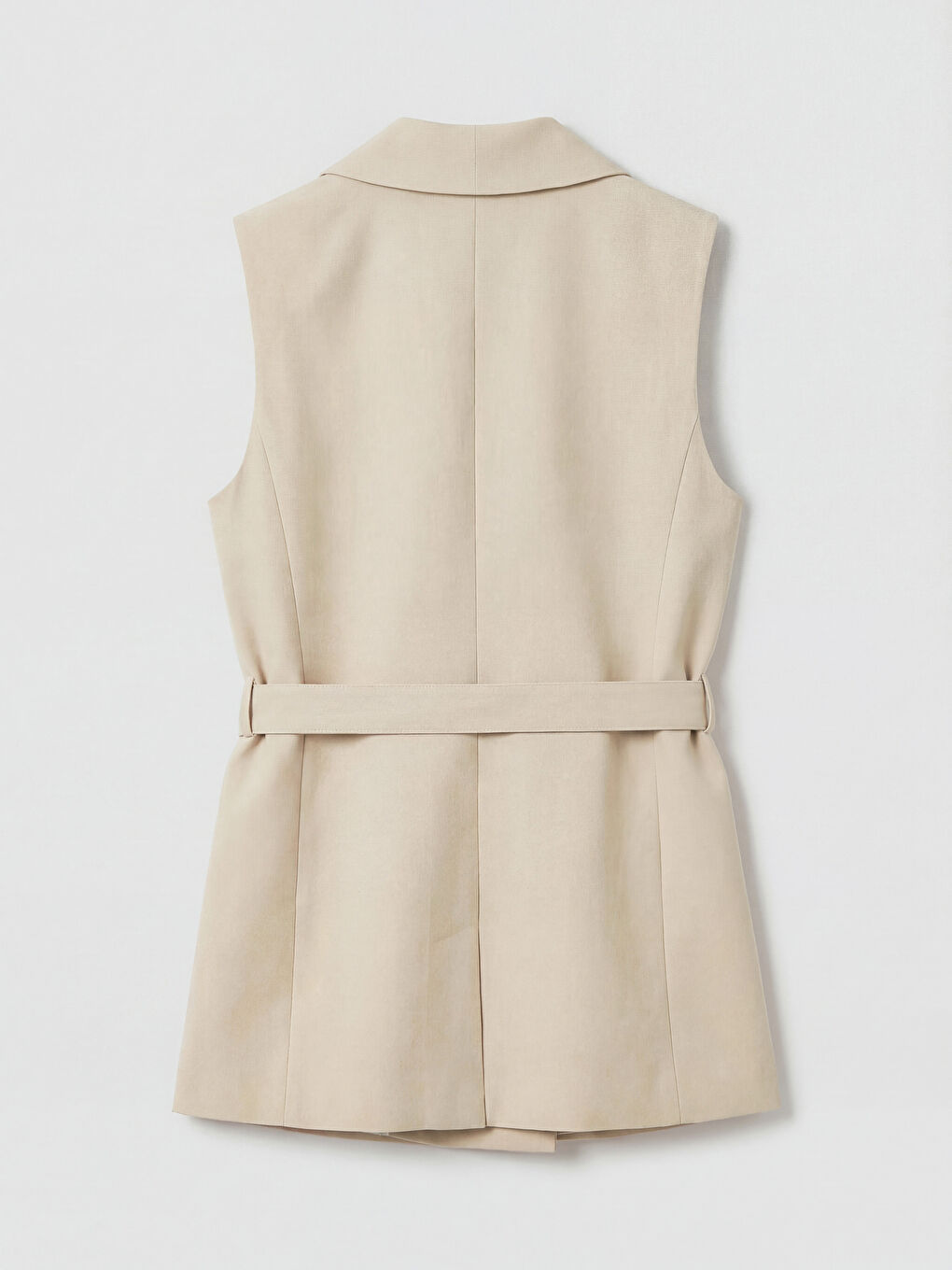 Bej Kruvaze Yaka Beli Kuşaklı Kadın Klasik Yelek-1