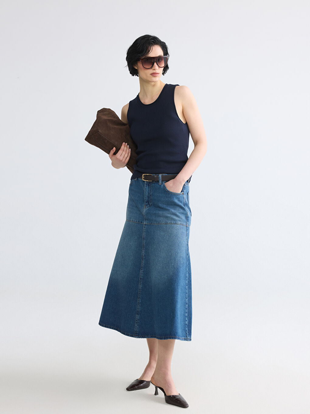 İndigo A Kesim Midi Jean Etek