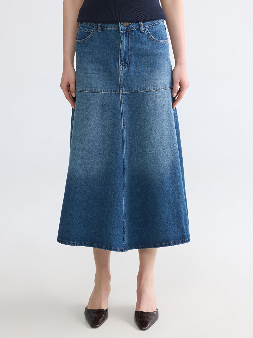 İndigo A Kesim Midi Jean Etek-1