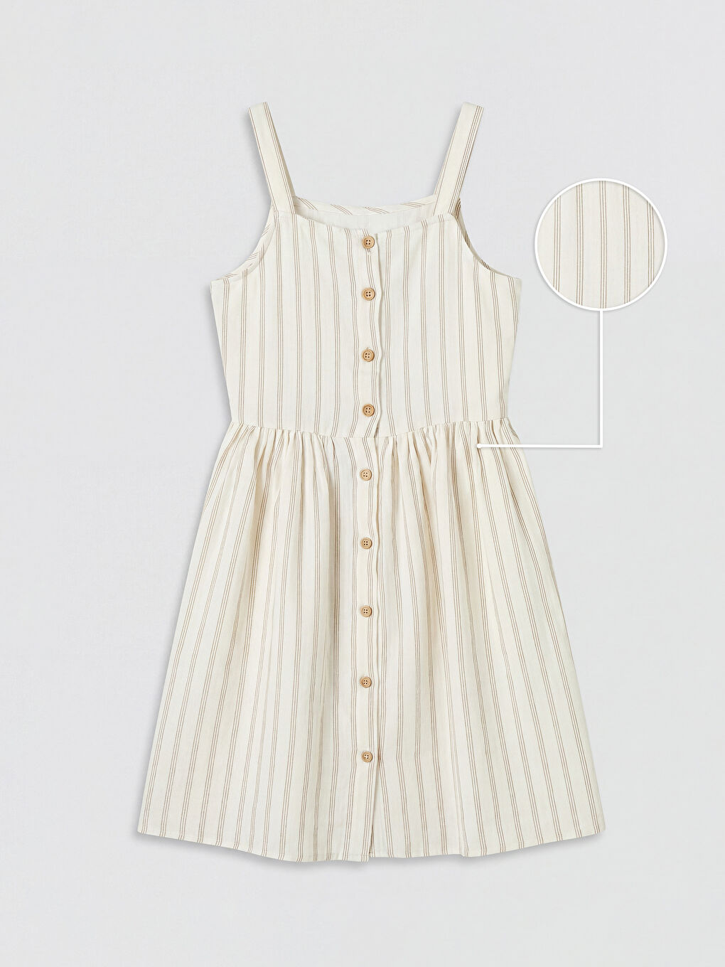 Bej Kare Yaka Çizgili Kız Çocuk Elbise