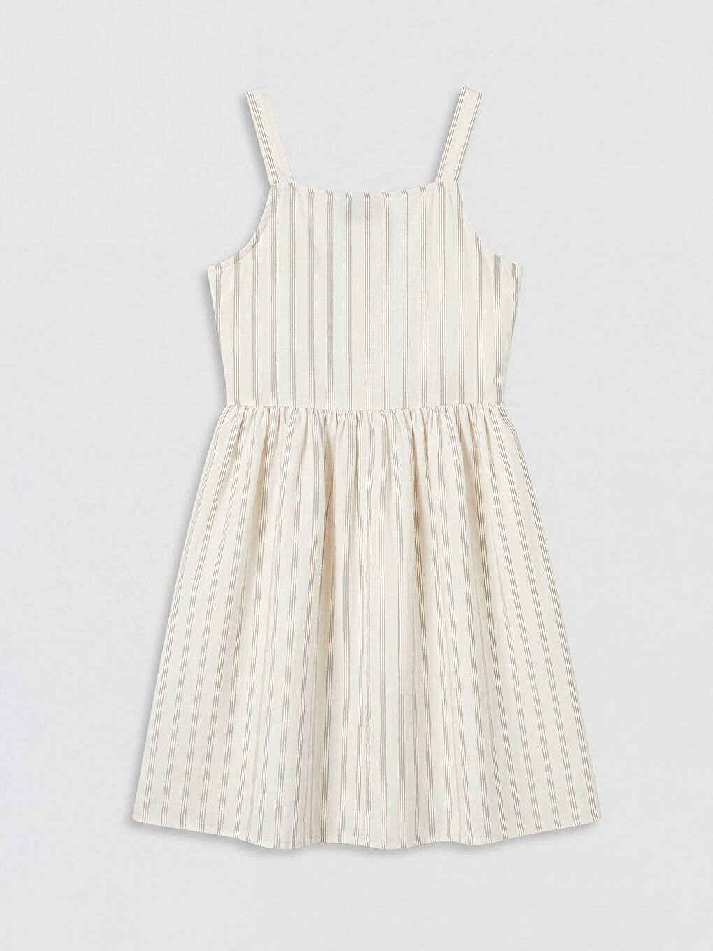 Bej Kare Yaka Çizgili Kız Çocuk Elbise-1