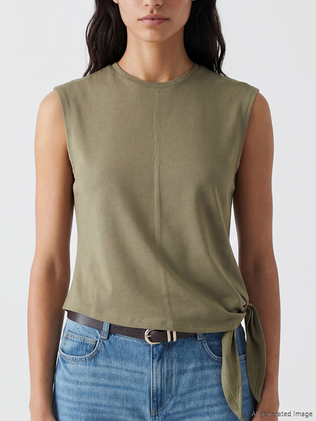 Crew Neck Tie Detail Women's T-Shirt-2