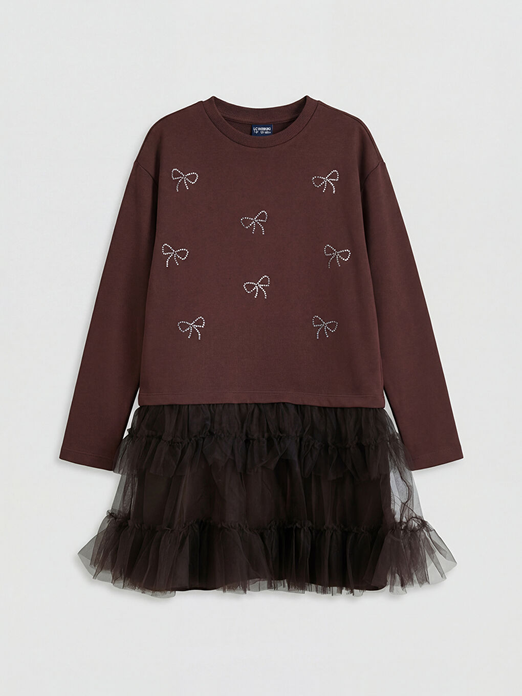 Kahverengi Bisiklet Yaka Fiyonk Taşlı Tüllü Kız Çocuk Elbise