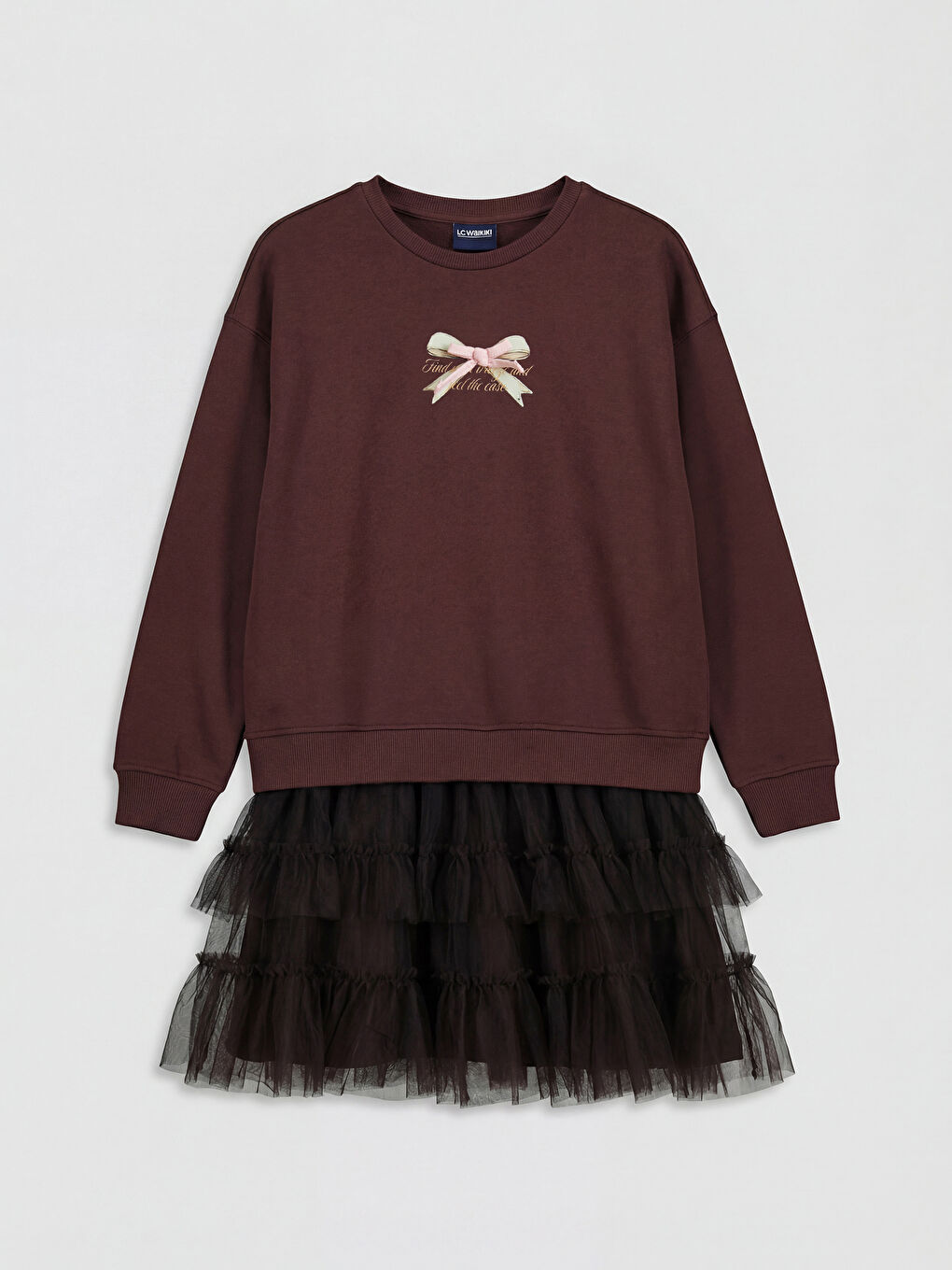 Kahverengi Bisiklet Yaka Baskılı Tül Detaylı Kız Çocuk Elbise