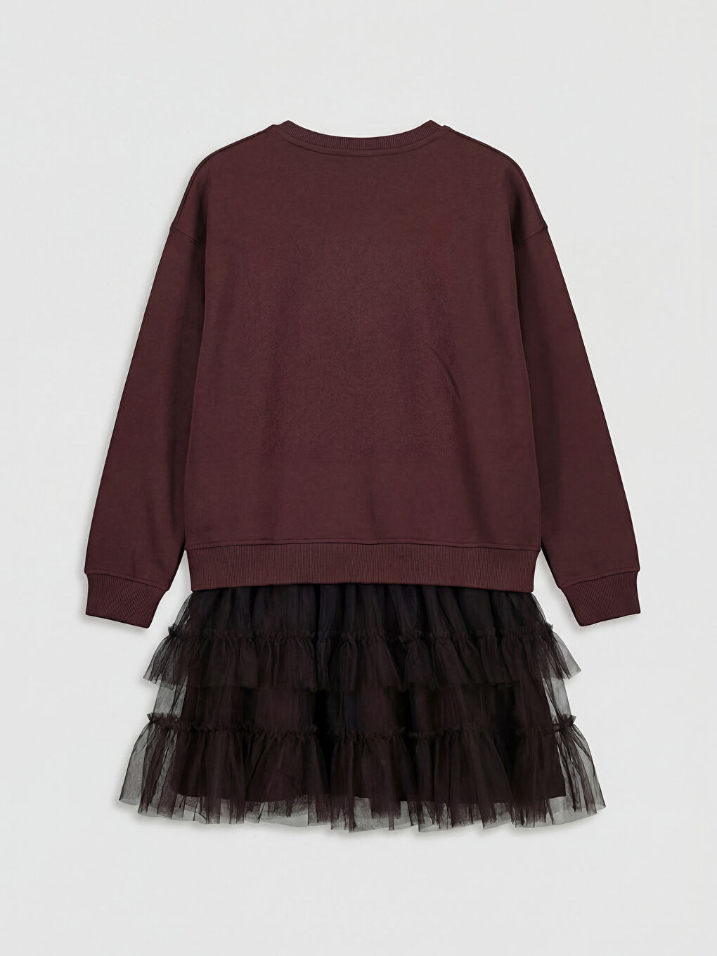 Kahverengi Bisiklet Yaka Baskılı Tül Detaylı Kız Çocuk Elbise-1