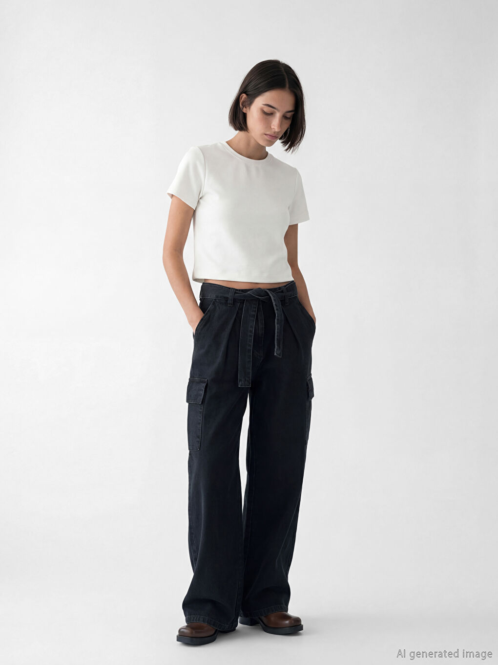 Belted High Waisted Wide Leg Women's Cargo Jeans