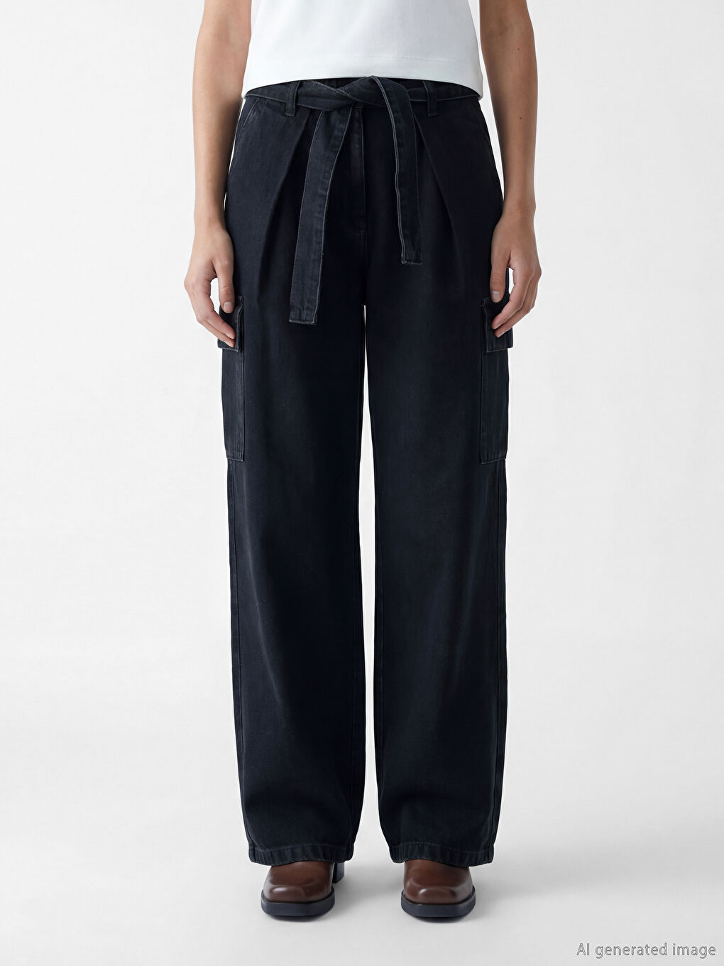 Belted High Waisted Wide Leg Women's Cargo Jeans-1