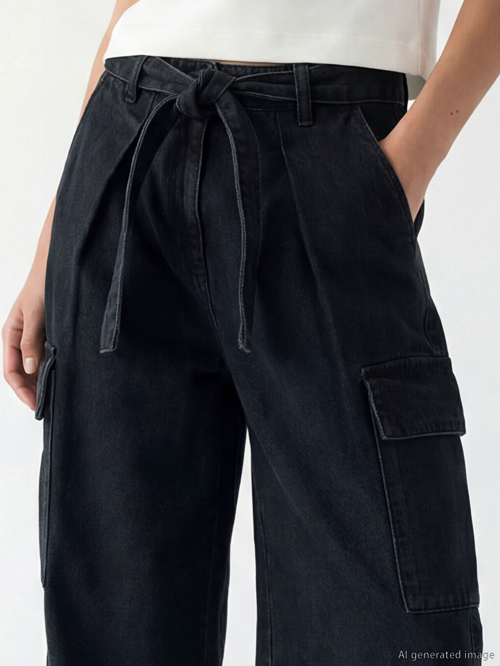 Belted High Waisted Wide Leg Women's Cargo Jeans-2