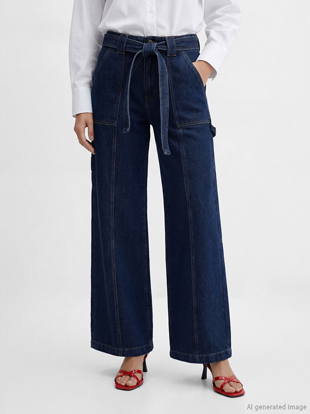 Belted High Waisted Wide Leg Women's Jeans-1