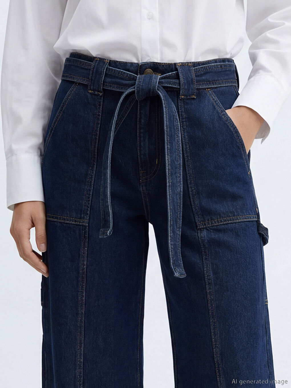 Belted High Waisted Wide Leg Women's Jeans-2