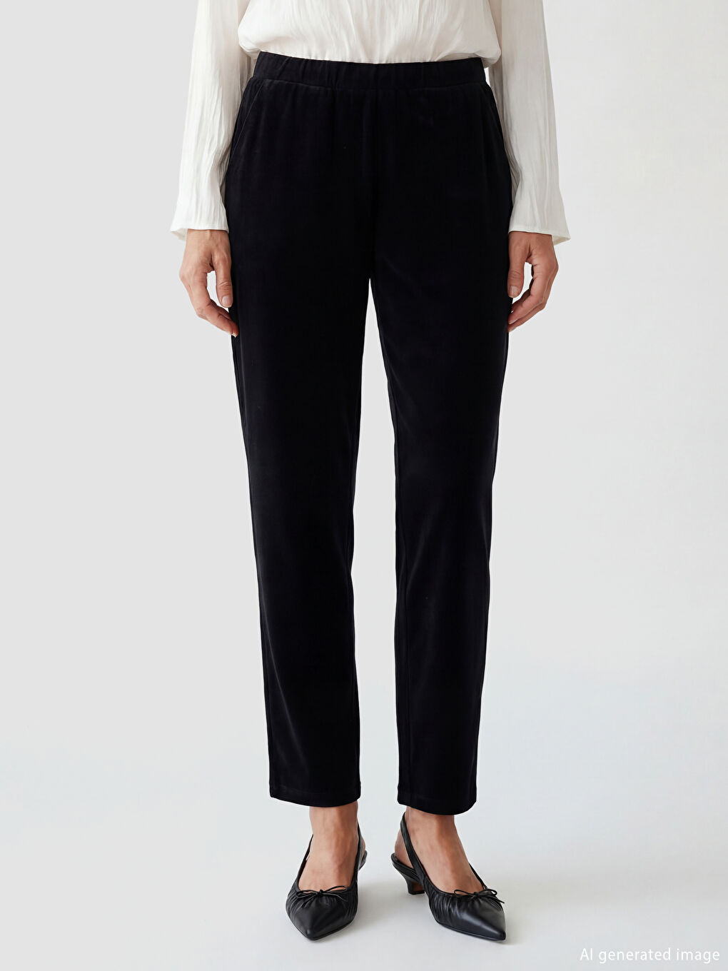 Siyah Büyük Beden Beli Lastikli Kadın Kadife Pantolon-1
