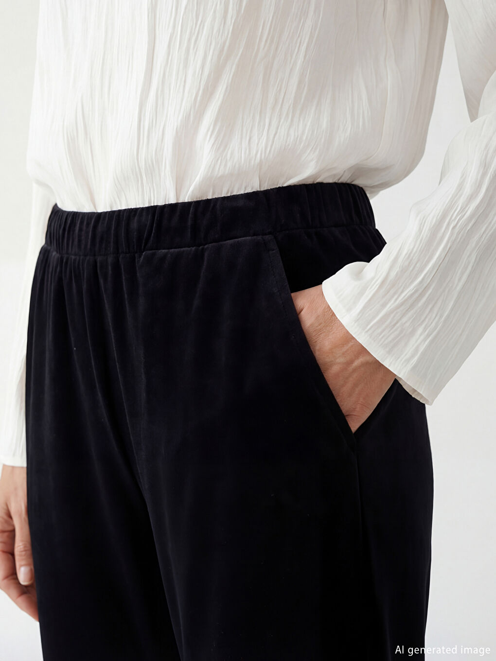 Siyah Büyük Beden Beli Lastikli Kadın Kadife Pantolon-2