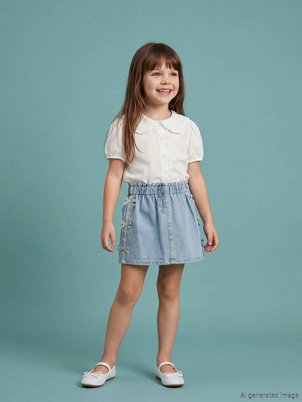 İndigo Beli Lastikli Fiyonklu Kız Çocuk Jean Etek